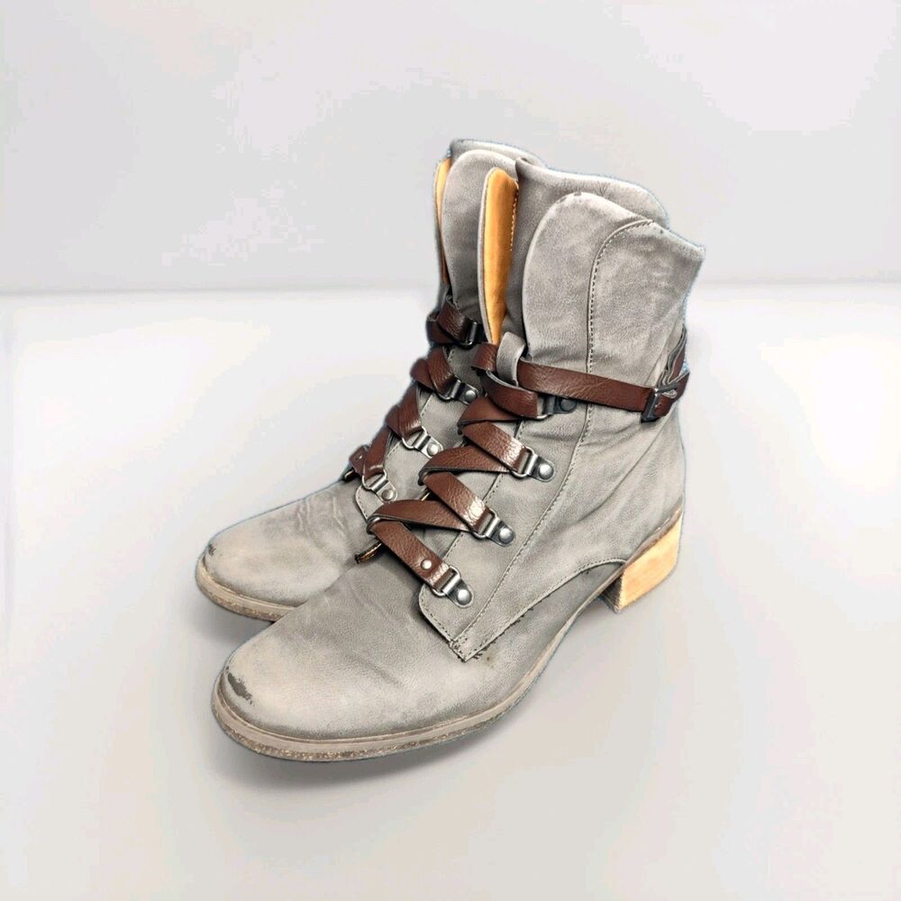 Kork-Ease Reese Gray Vegan Leather  Modern Short Riding Ankle Boot 9.5 Strappy